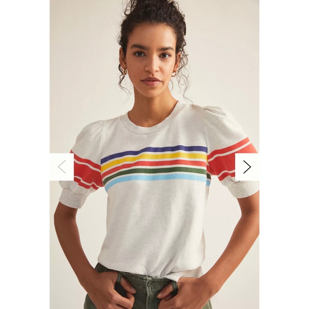 Anthropologie t.la Rainbow Stripe Puff Sleeve Sweatshirt Gray Heathered S